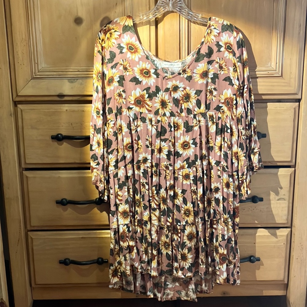 Natural Life Tiered Dress with Bell Sleeves, Pink with Sunflowers, XS/S